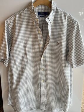 Ralph Lauren Light Gray & White Gingham Short Sleeve Button-Down Shirt